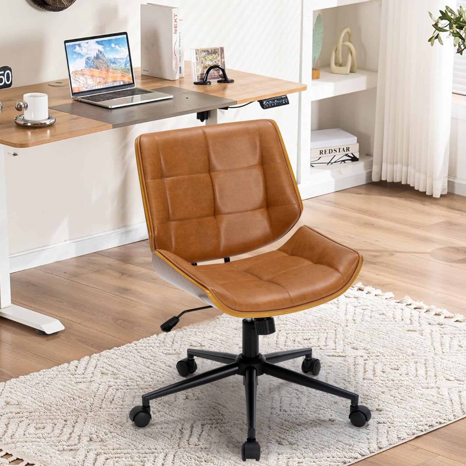 X Xishe Home Office Desk Chair with Wheels, Adjustable Height Armless Office Chair, PU Leather Mid Back 360° Small Computer Chair, Modern Chair No Arms for Office, Reading Meeting Room, Camel