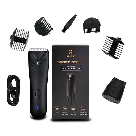 Salelo Electric Body Hair Trimmer-Ergonomic Anti Slip design, Waterproof Wet/Dry Shaving -Wireless Charging Dock with Type C Port- Premium Ceramic Blade and 90 Minutes Battery Life -Groin Hair Trimmer