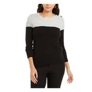 CHARTER CLUB Womens Black Textured Ribbed Shimmering Color Block Long Sleeve Jewel Neck Wear To Work Sweater Petites PM