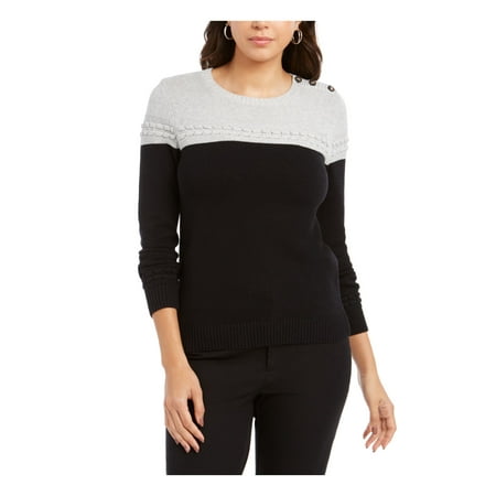 CHARTER CLUB Womens Black Textured Ribbed Shimmering Color Block Long Sleeve Jewel Neck Wear To Work Sweater Petites PM