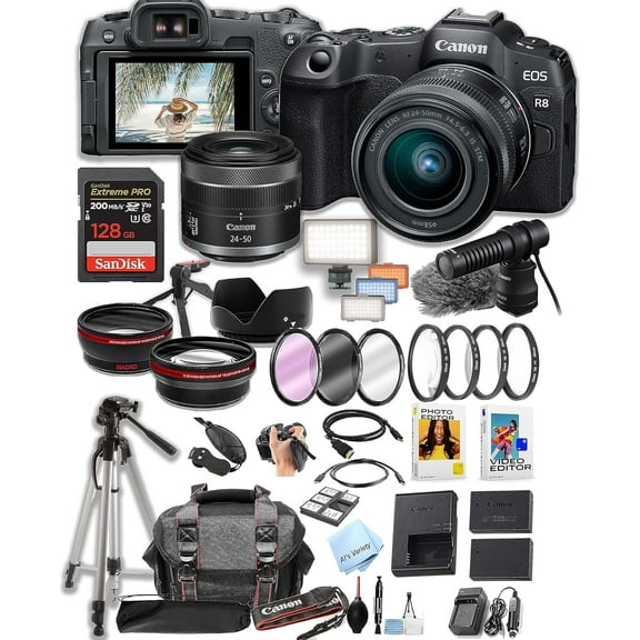 Canon EOS R8 Mirrorless with RF 24-50mm F/4.5-6.3 STM Lens, 128GB SD Card and More