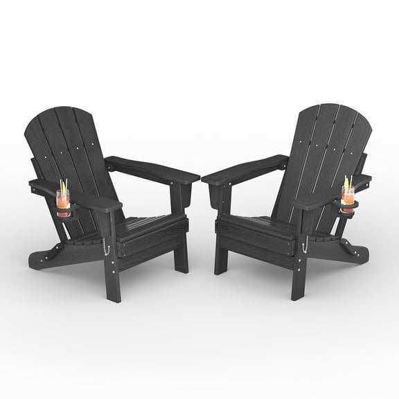 Set of 2 Folding Adirondack Chairs with Cup Holders - HDPE All-Weather Outdoor Patio Chairs, Black