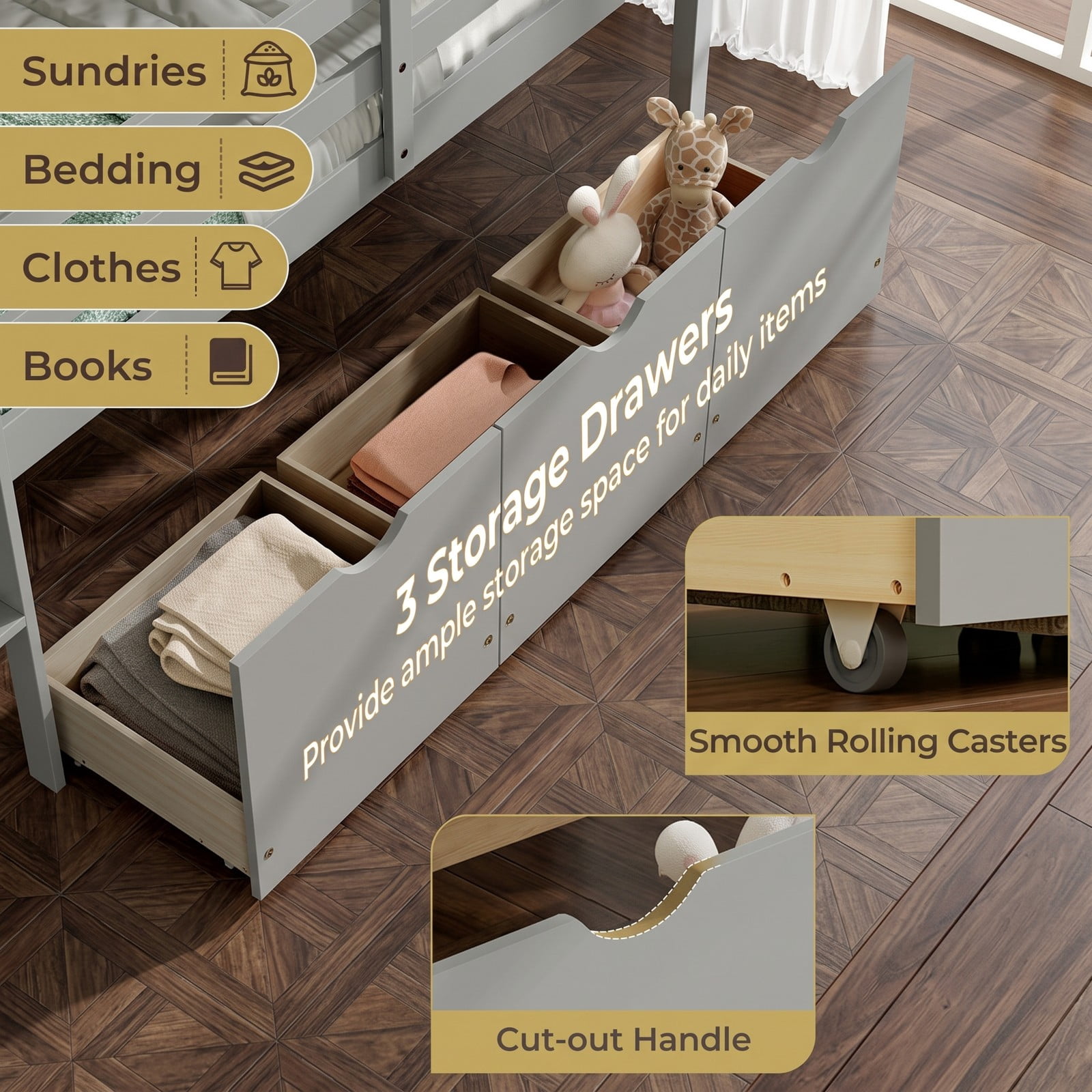 Furnibear Twin Size Low Loft Bed with 3 Drawers and Full-length Guardrails for Kids Bedroom, Wood Loft Bed with Storage and Ladder, Gray