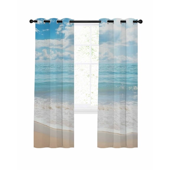 Blue Ocean Blackout Curtains, Light Blocking Print Window Curtains, Coastal Sea Beach Shore Sky Waves Scenery Thermal Insulated Window Drapes for Living Room Kitchen Cafe 2 Panels, 84"W x 63"L