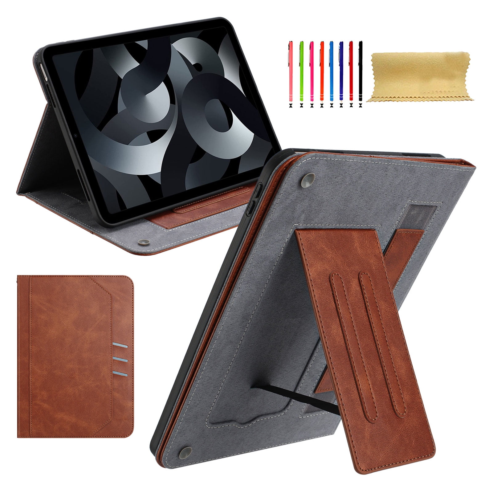 Case for Universal 9.5-10.5 Inch, Premium PU Leather Elastic Hand Strap Card Holder Foldable Muti-Angle Stand Folio Cover for iPad / Samsung / Amazon Kindle / Lenovo / Onn, Brown