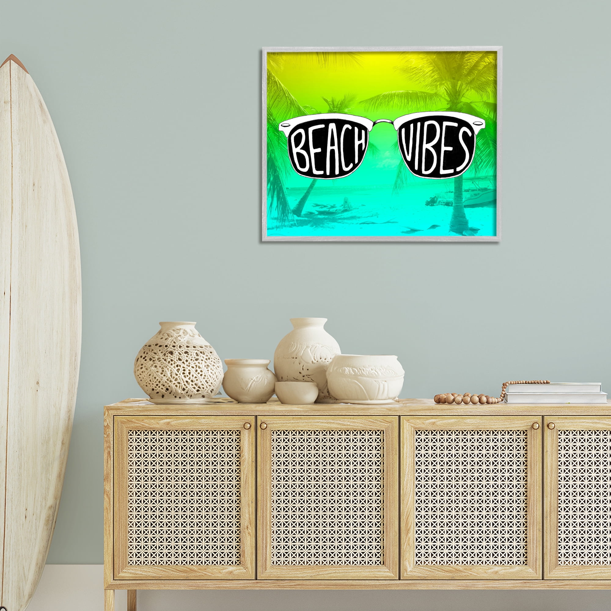 Stupell Industries Beach Vibes Sunglasses Typography Painting Gray Framed Art Print Wall Art, 30 x 24