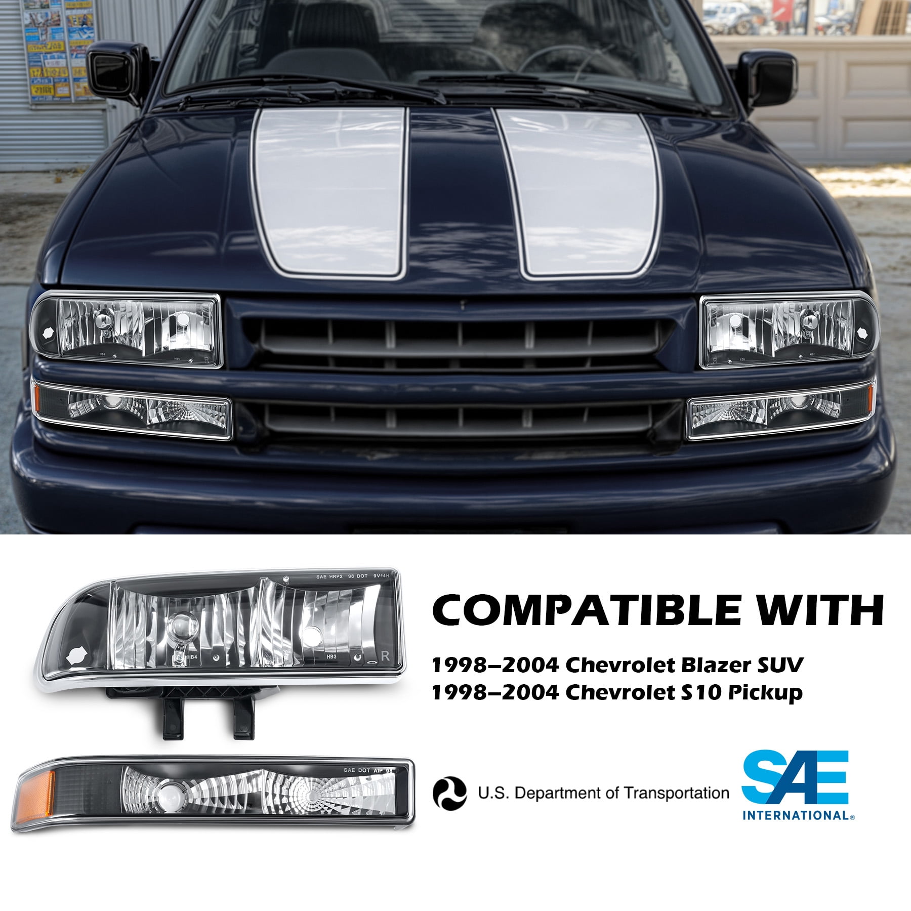 Headlights Bumper Lamps for 1998-2004 Chevy S10 Blazer L & R Replacement Black