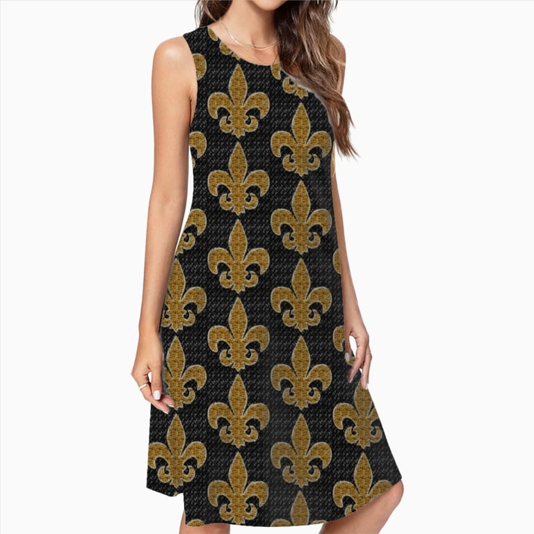 black and gold sun dress Fleur De Lis Casual Sleeveless Loose Sundress For Women Summer Dress Daily Woman adjustable strap dress