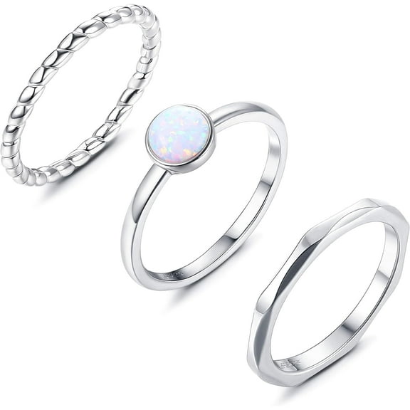 3Pcs 925 Sterling Silver Rings for Women Men 18K White Gold Plated Thumb Pinky Knuckle Stackable Rings High Polished Hammered Twisted Opal Band Rings Set Comfort Fit Size 5 to 9