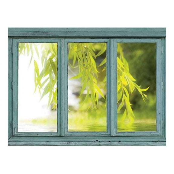 wall26 Vintage Teal Window Looking Out Into a Tree That Frames a Lake - Wall Mural, Removable Sticker, Home Decor - 24x32 inches