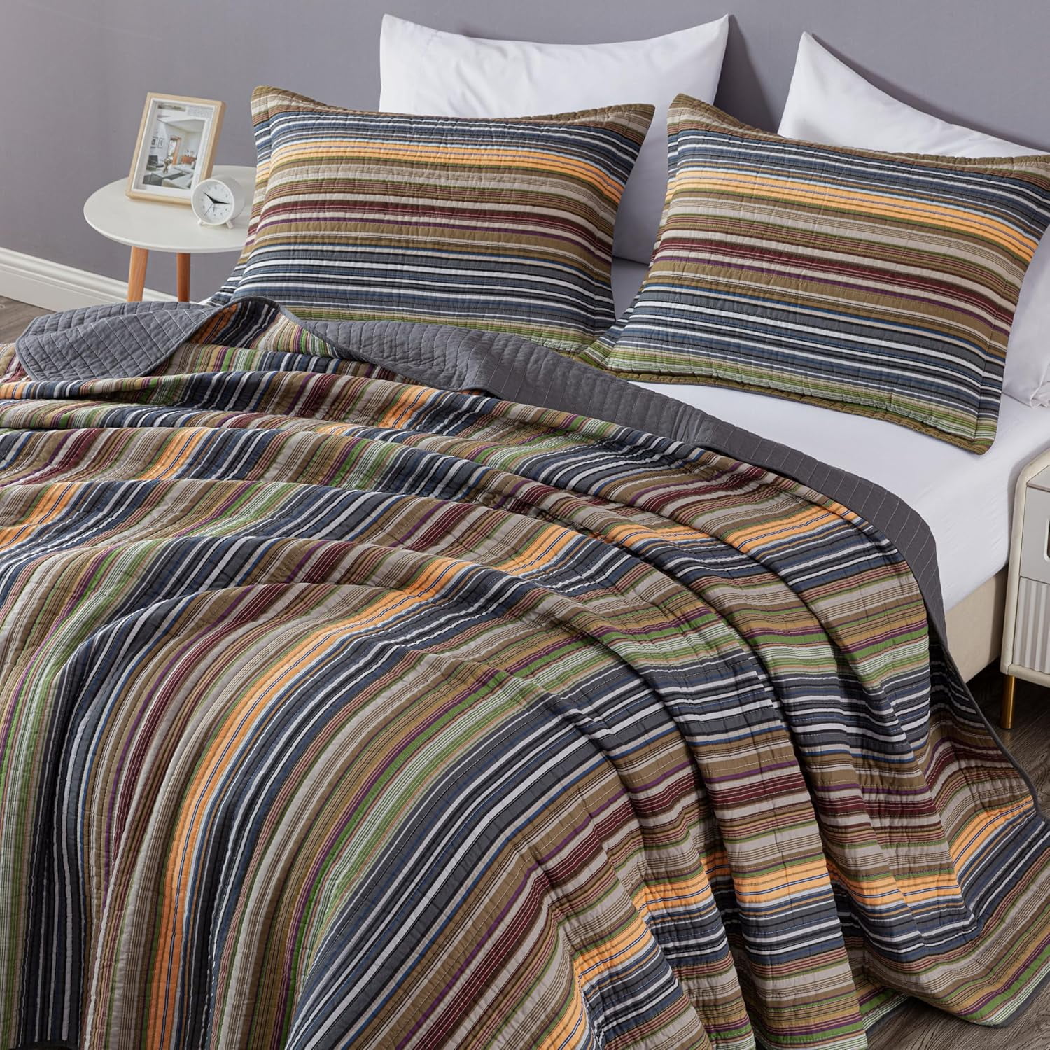 Chezmoi Collection Avery Striped Cotton Quilt Set Queen Size, 3-Piece Soft Pre-Washed 100% Cotton Quilt, Multi-Color Green