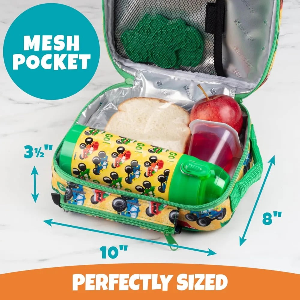 Bentology Kids Lunch Bag Set w Matching Reusable Water Bottle & Hard Ice Pack- Green Monster Trucks- Insulated Tote, Stainless Steel Insulated Thermos, Hard Ice Pack- School Lunchbox Kits