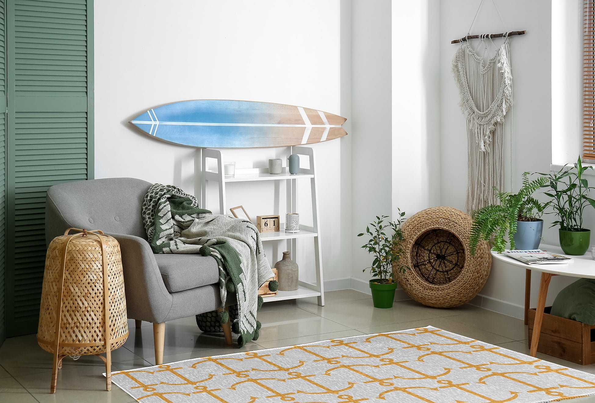 4' x 6' Simply Daisy Anchor Pattern Beach Style Chenille Area Rug, Egg Yolk Yellow