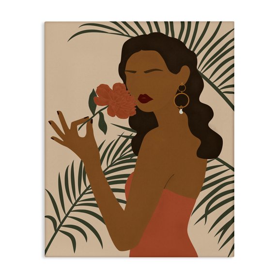 Stupell Industries Glam Woman With Red Floral over Green Palm Leaves Canvas Art, 16 x 20, by JJ Design House LLC