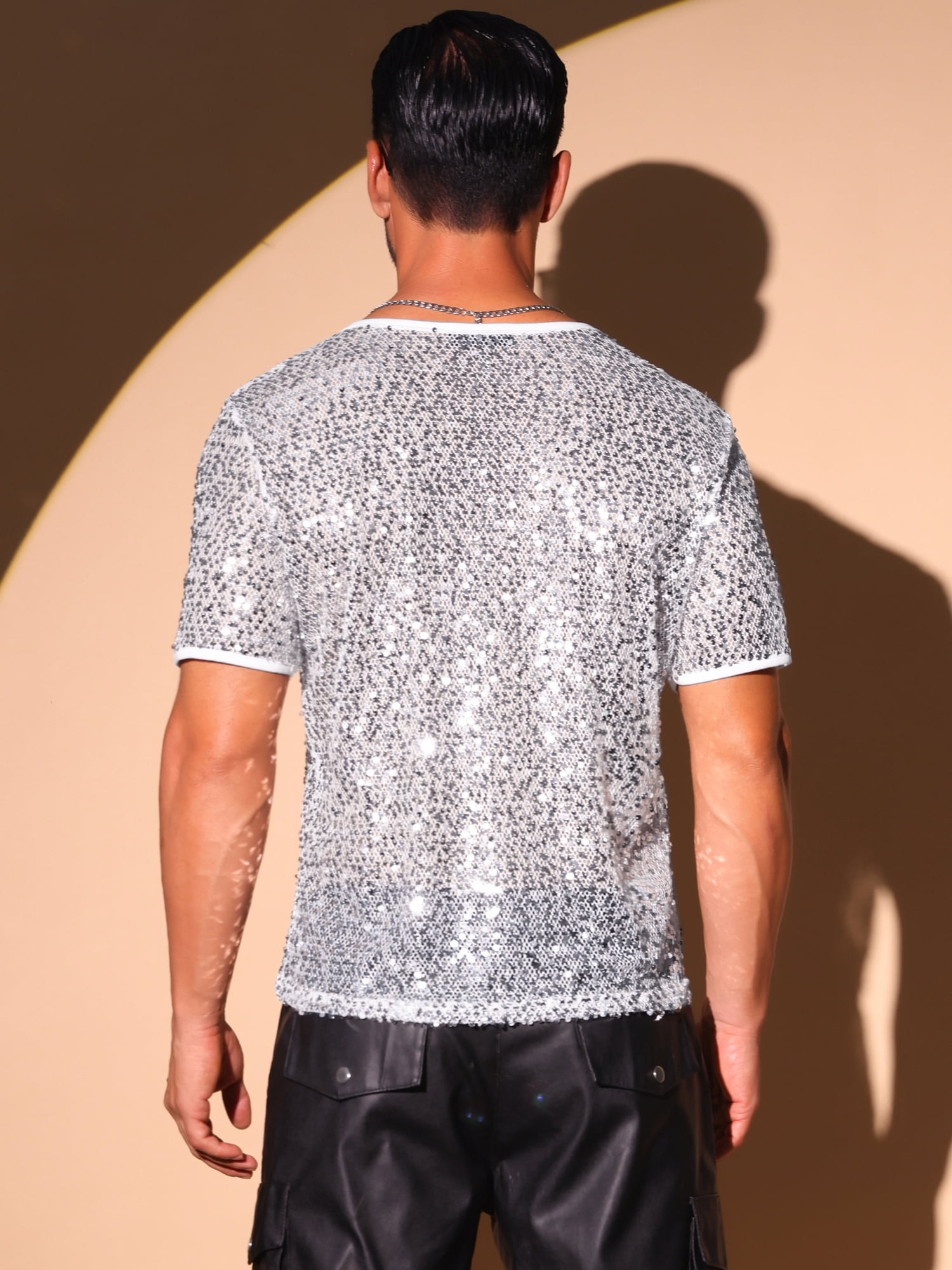 DARING DIVA Men's Sequins Short Sleeve Rave See Through Glitter T-Shirts S Silver