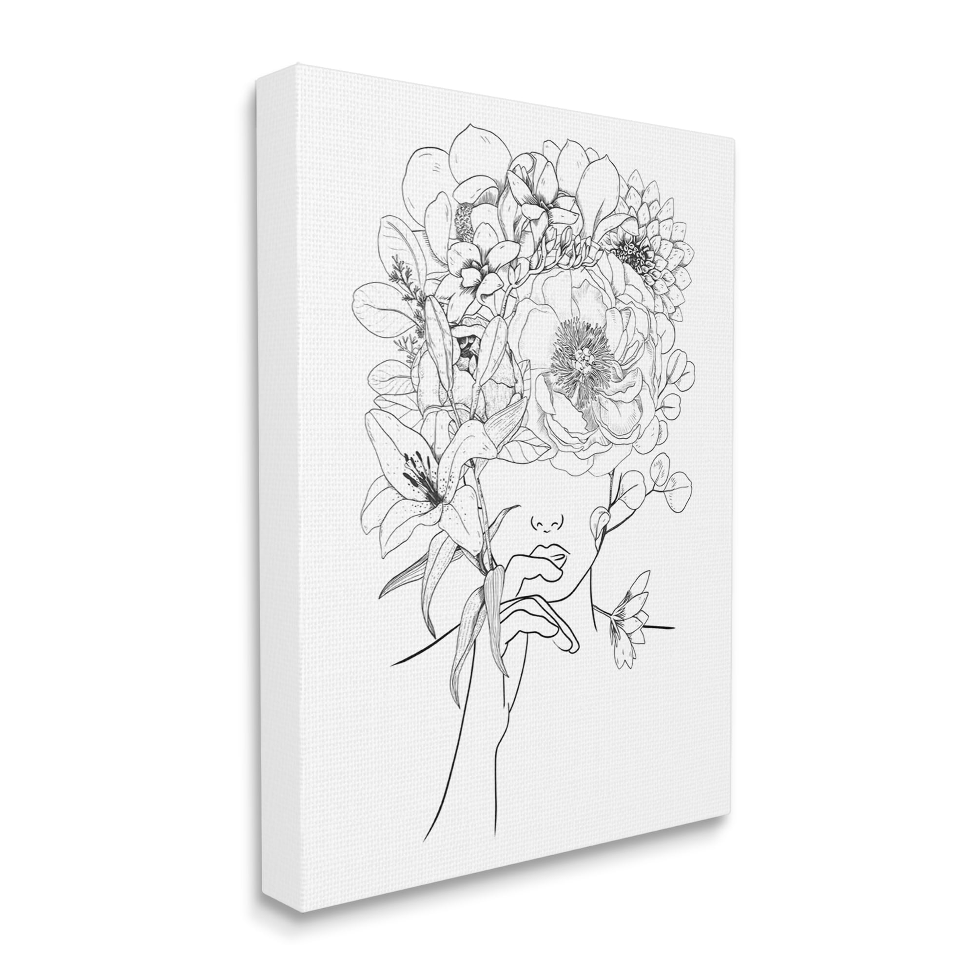 Line Drawing Botanical Floral Bouquet Over Person Face Botanical & Floral Graphic Art Gallery-Wrapped Canvas Print Wall Art