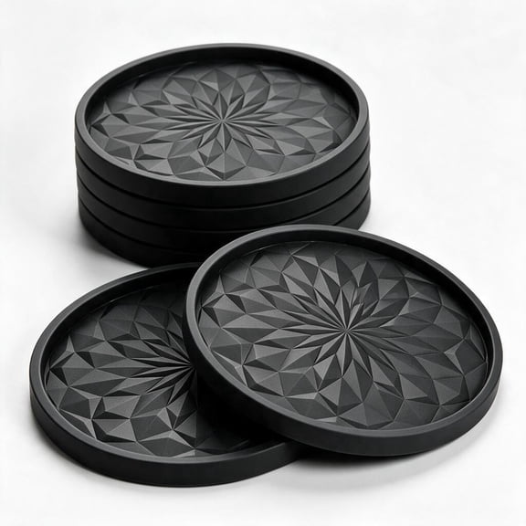 HAMANNI 6pcs Black Silicone Coasters with Geometric Relief, Non-Slip Heat Resistant Cup Mats for Drinks, Fits Most Glasses.