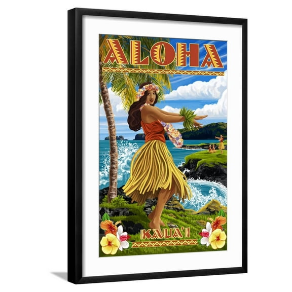 Art.com Kauai, Hawaii - Hula Girl on Coast Art Print by Lantern Press, Black Frame Wall Art, 21" x 29"