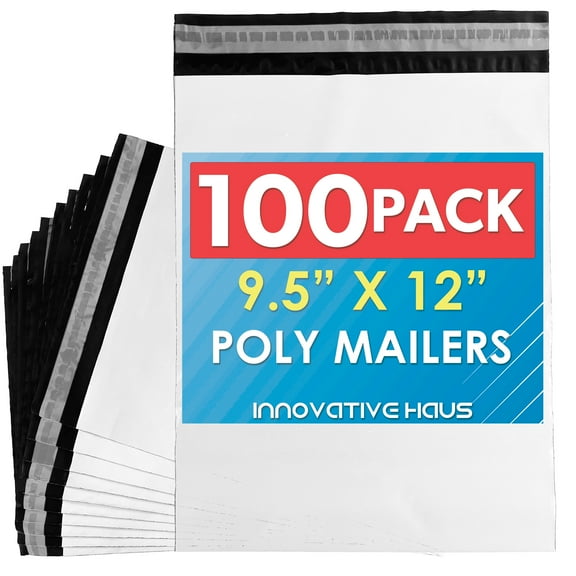 Innovative Haus Premium Poly Mailers 9.5x12. Pack of 100. White. Tear & Puncture Resistant. Waterproof & Tamper-Proof. Self-Sealing. Ideal for E-Commerce, Shipping, Packaging