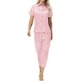 thumbnail image 1 of Women's Solid Color Shirt Ice Silk Satin Set Short Sleeved Pants Home Clothes, 1 of 7