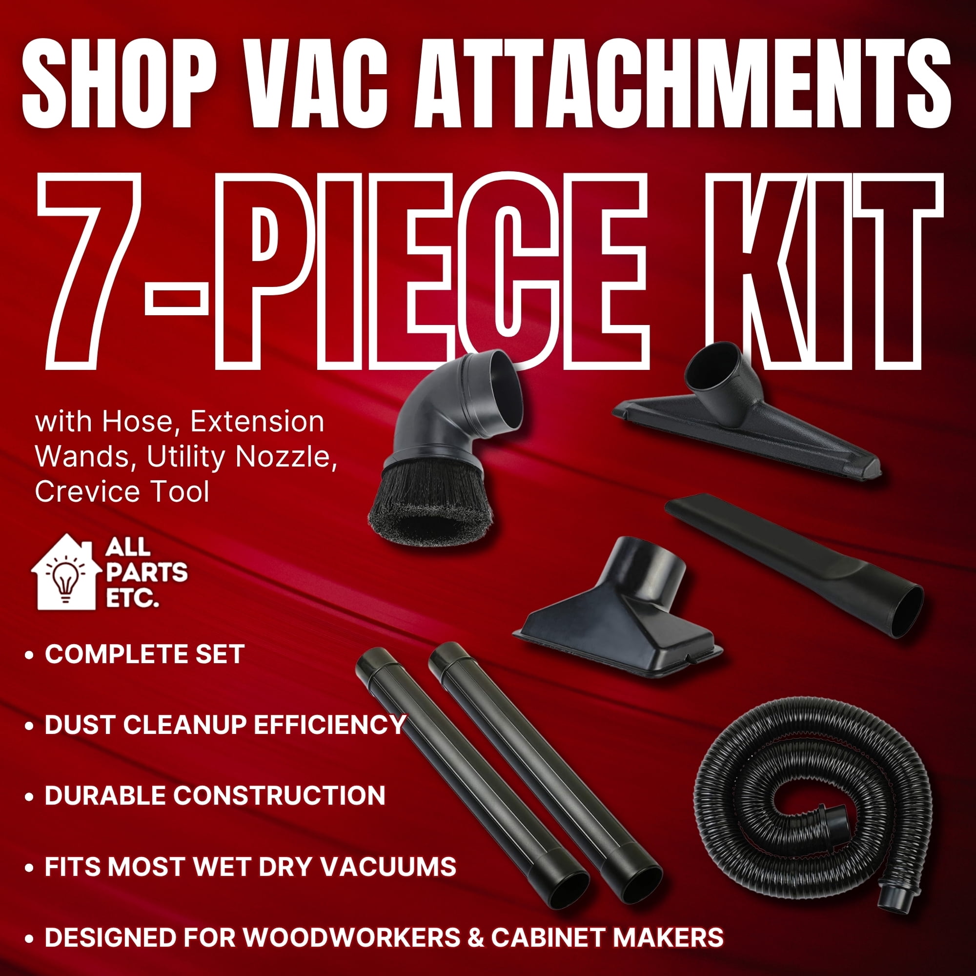 2.5" Shop Vac Attachments – 7-Piece Kit with Hose, Extension Wands, Utility Nozzle, Crevice Tool – Wet Dry Vacuum Accessories for Woodworking Shops, Dust Collector, Garage, Cabinet Use