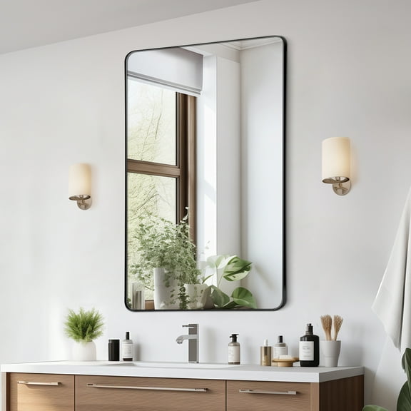 VEVOR Wall Mounted Makeup Mirror, 0.15" Thick, 30" x 48" Mirror with Aluminium Alloy Frame & Explosion-Proof Film,Scratch-Resistant Mirror with Z-Shaped Bracket,Fit for Bathroom/Bedroom/Living Room