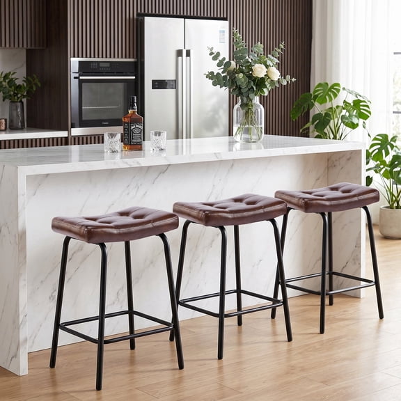 25" Saddle Counter Stools Set of 3, Tufted Faux Leather Counter Height Bar Stools with Metal Legs for Kitchen Island, Dark Brown