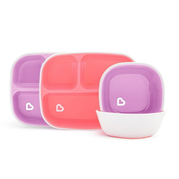 Munchkin Splash 4 Piece Toddler Divided Plate and Bowl Dining Set, Pink/Purple