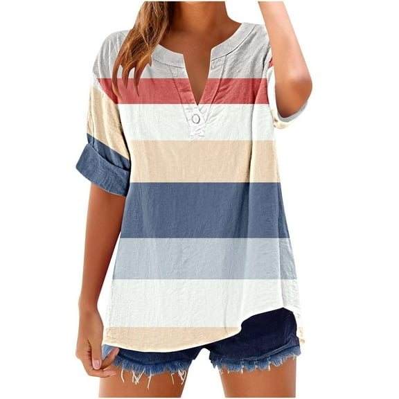 fatyb Summer Tops for Women V Neck Button T Shirts Short Sleeve Casual Loose Womens Blouses Tee
