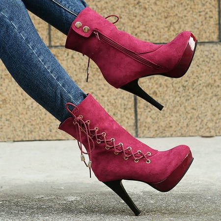 

YOTAMI Womens Boots Women s Fashion Square Heel Shoes Waterproof Platform High Heel Booties Red