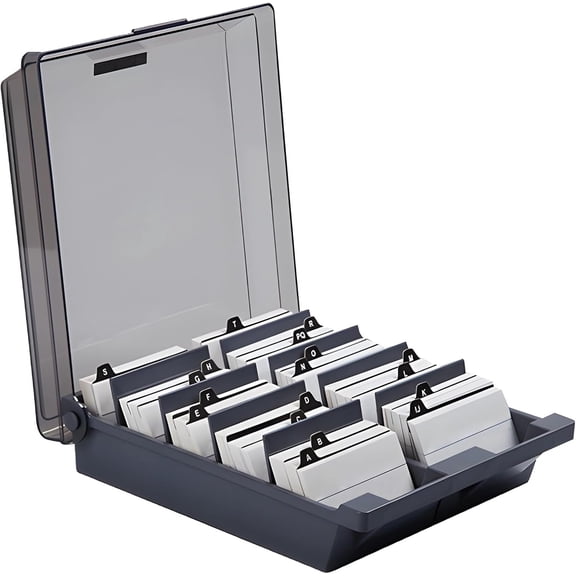 Liho Business Card Organizer Box (1000 Cards), Business Card Holder with Semi-Transparent Lid, 8.7 x 9.4 x 3 Inches with 8 Dividers and Index Cards, Rolodex Card Holder for Office Desk, A605