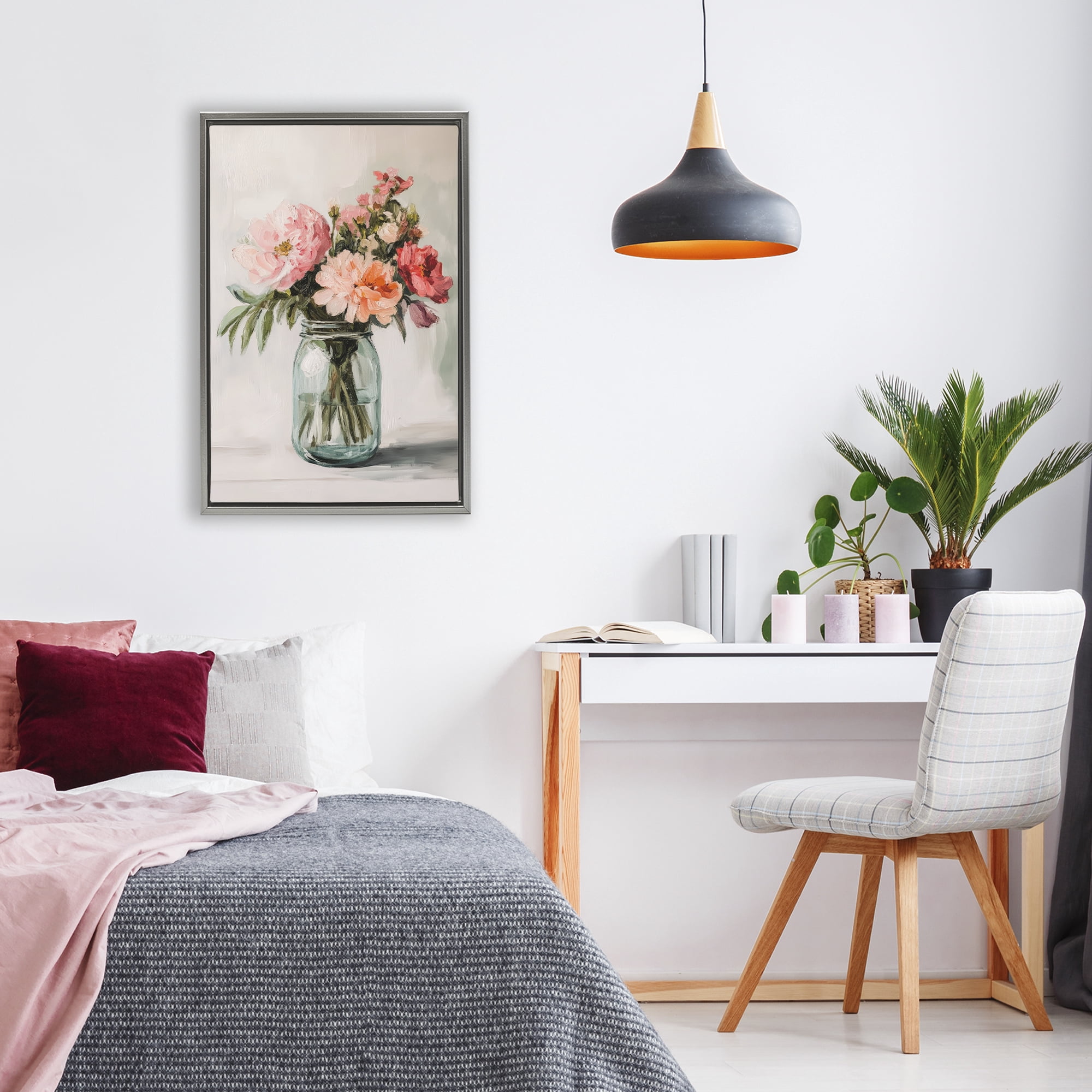 Stupell Industries Pink Flower Stems in Jar Gray Framed Floater Canvas Wall Art, design by Petal Prints Design