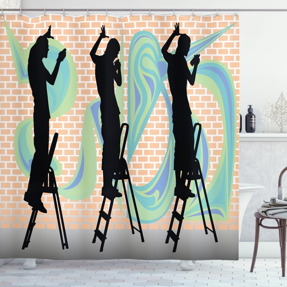 Urban Graffiti Shower Curtain, Silhouette of Teenage Graffiti Artists Spraying on Pastel Toned Brick Walls, Fabric Bathroom Set with Hooks, 69W X 75L Inches Long, Multicolor, by Ambesonne