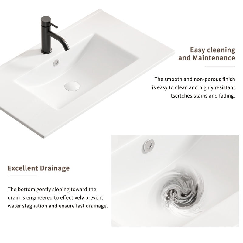 TICOZE Glossy White 30" Bathroom Vessel Sink, Durable Ceramic Bathroom Sink with Integrated Bathroom Vanity Sink Top, Pre-Drilled for Standard Faucet, Overflow Protection,Drain-Free Storage Design