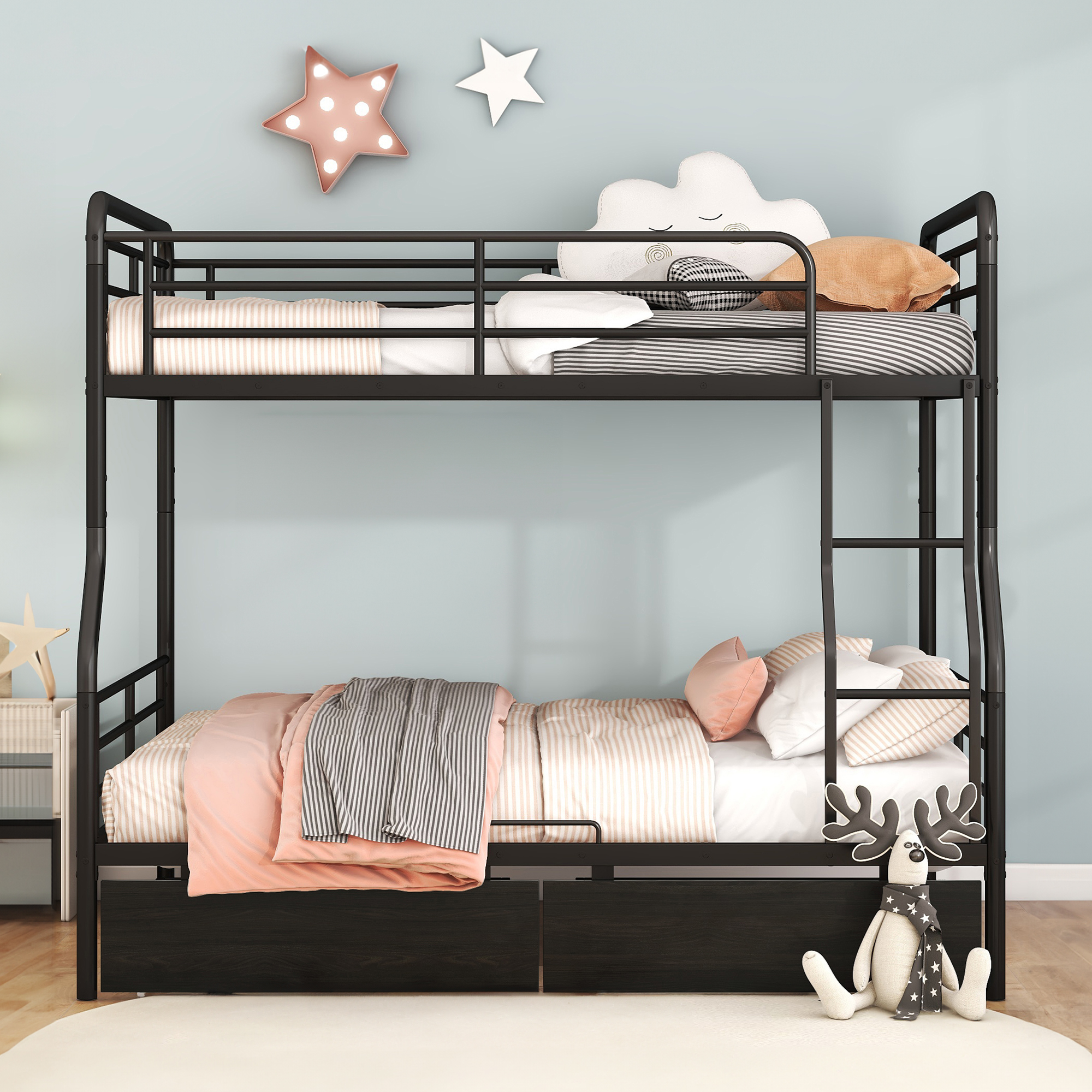 Aukfa Full XL over Queen Metal Bunk Bed with 2 Drawers for Teens, Adults, Dorm, Black