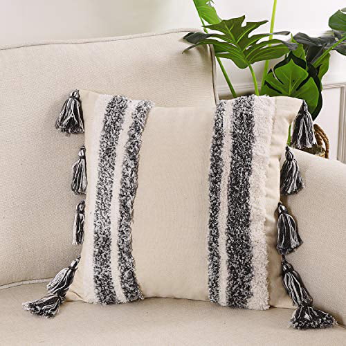 6 Pieces 18 x 18 Inch Black and Beige White Boho Throw Pillow Cover Decorative Geometric Flax Woven Decorative Pillowcase for Sofa Couch Living Room Bedroom