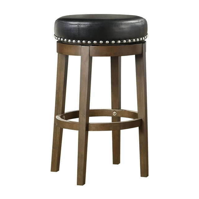 Topline Home Furnishings round swivel pub height stool with black leather cushion and brown wooden frame