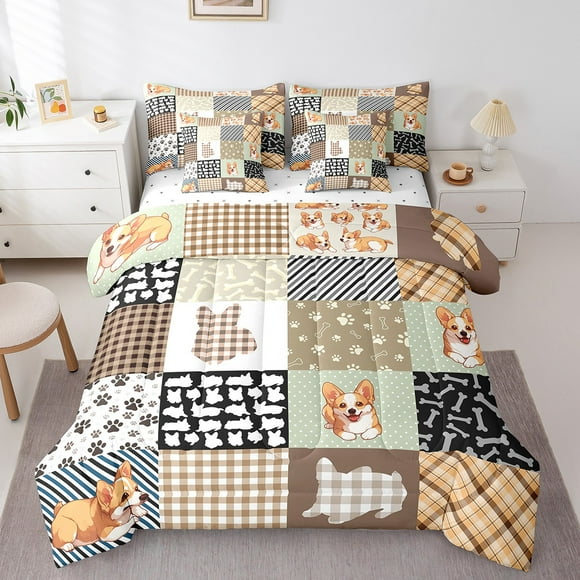 7 Piece Kids Corgi Dog Bedding Set Queen Comforter Set,Lovely Puppy Pet Bed in a Bag for Boys Girls,Kawaii Dog Print Flat Fitted Sheet,Rustic Farmhouse Patchwork Bedding Comforter Sets