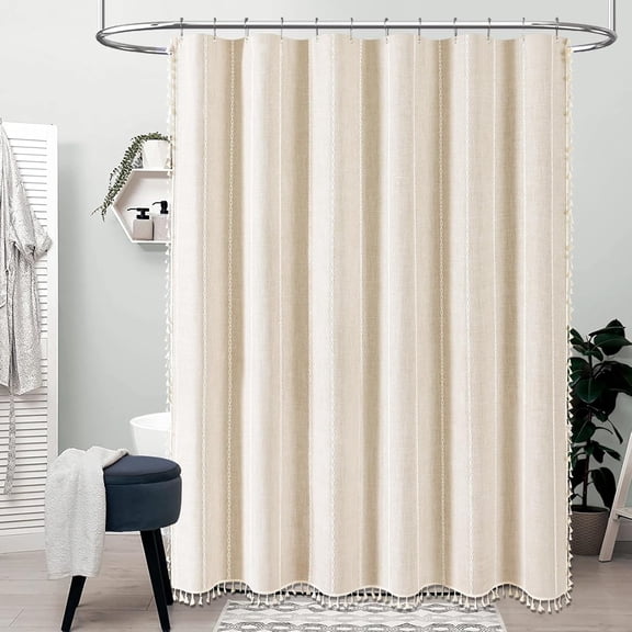 Extra Long Shower Curtain, 72x96 Long Striped Boho Chic Linen Fabric Heavy Duty Shower Curtain Set with Hooks, Tall Bohemian Farmhouse Luxury Tassel Cloth Shower Curtain for Bathroom, Cream/Beige