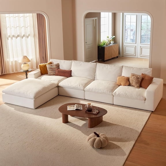 Vorthio 161.2" Cloud Couch,Oversized Modular Sectional Sofa,35'Deep Seat Comfy Sofa, Boneless Couches for Living Room,White(4 Seater& 1ottoman)