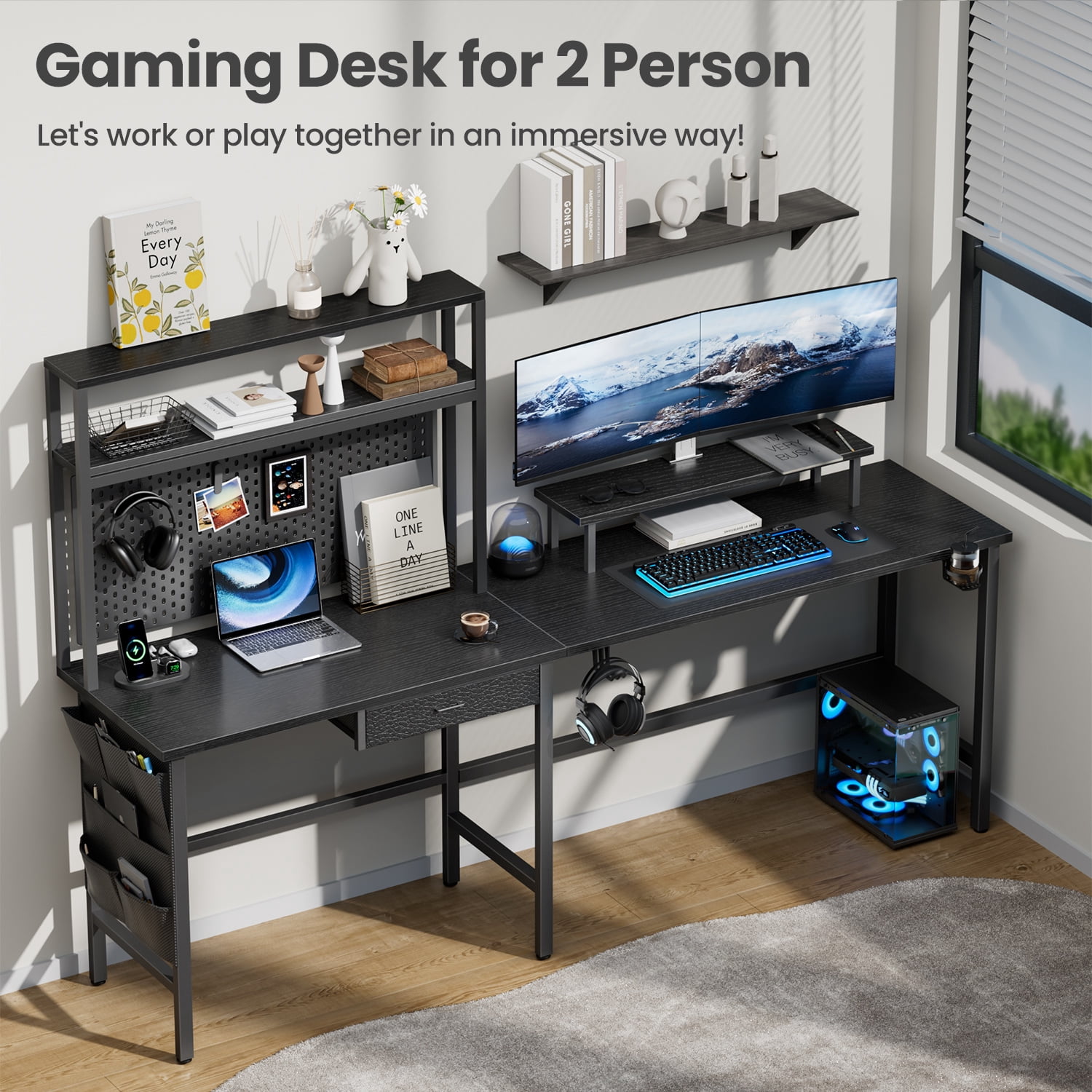 HLDIRECT L Shaped Gaming Desk with LED Light & Power Outlet, 67 inch Reversible Corner Computer Desk with Storage Shelves & Drawer & Bag, Game Table with Hutch Monitor Stand, Black