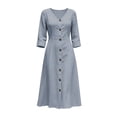 thumbnail image 4 of CHGBMOK Cotton Linen Dresses for Women 3/4 Sleeve V Neck Button Down Dress Cinched Waist Flared Fall Maxi Dress, 4 of 7