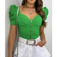 thumbnail image 3 of Women Short Puff Sleeve T-Shirts Summer Zip V Neck Solid Color Slim Tops Lady Basic Tee Red S, 3 of 9