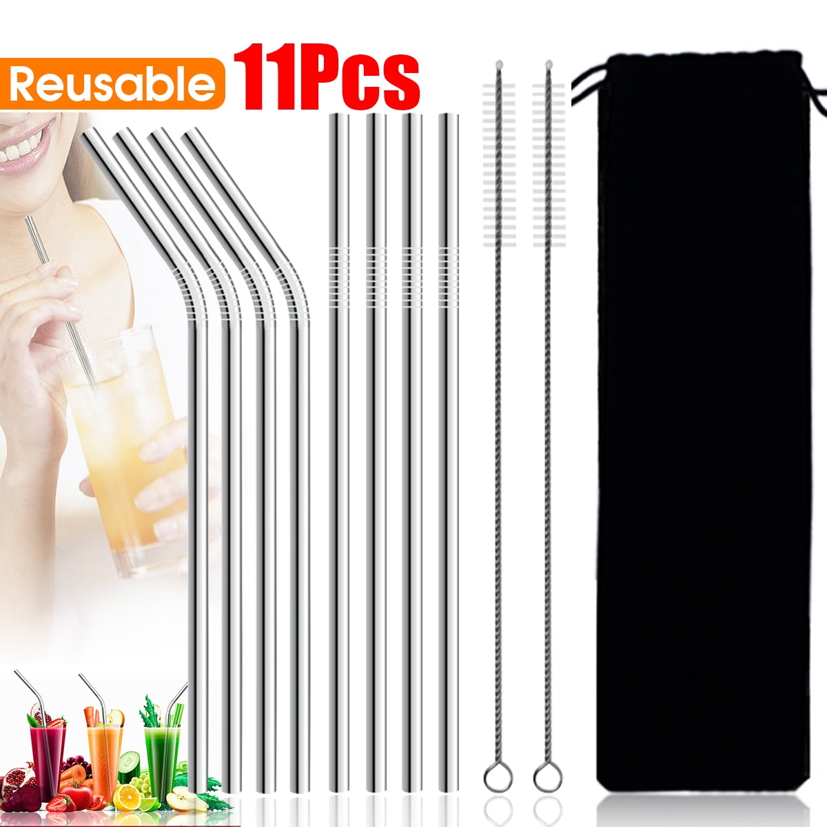 Stainless Steel Drinking Curved/Straight  Straws Metal Reusable Cleaning Brush 