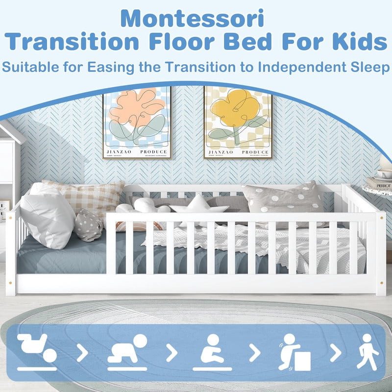 PORKISS Twin Toddler Bed with Guardrails, Low Profile Floor Bed Frame with Open Entry, Wood Montessori Bed with 7 Slats for Kids, No Box Spring Needed, White