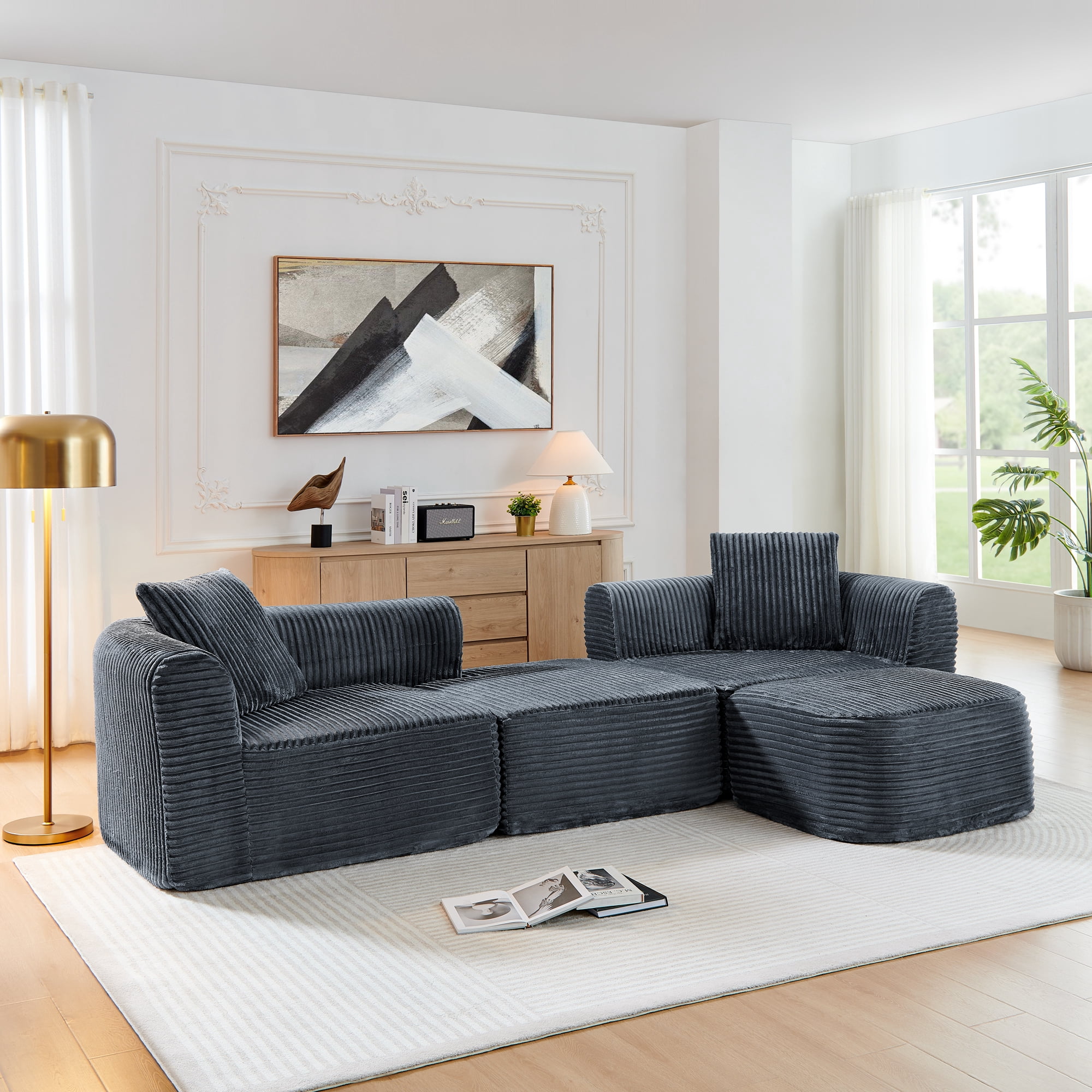 Leumius 114" Cloud Sectional Couch with L-Shape Chaise,Upholstered Corduroy Modular Sofa with Movable Ottoman for Living Room Bedroom, No Assembly Required,Grey