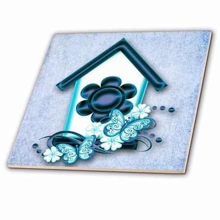 3dRose, Pretty blue birdhouse and butterflies home art, 6 Inch Ceramic Tile