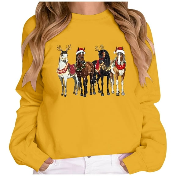 Wang6 Christmas Sweatshirts for Women Trendy Xmas Horse Printed Graphic Tshirts Pullovers Causal Long Sleeve Crew Neck Loose Fit Tops Yellow XL
