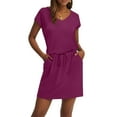 thumbnail image 3 of Evdexr Womens Cinched Waist Tshirt Dress Drawstring Midi Dress Short Sleeve V Neck Vacation Dresses Petite Elastic High Waist Tummy Control Babydoll Sundress with Pockets Dark Purple L, 3 of 5