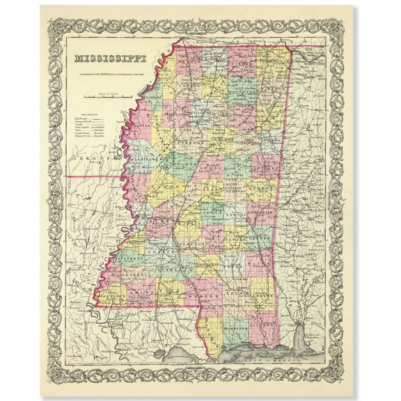 Mississippi 1855 Vintage Map 11x14 Unframed Print – Antique Cartography Poster Reproduction with Counties Rivers and Towns, Historic Southern Wall Art for Home Office Library Classroom or Study Décor